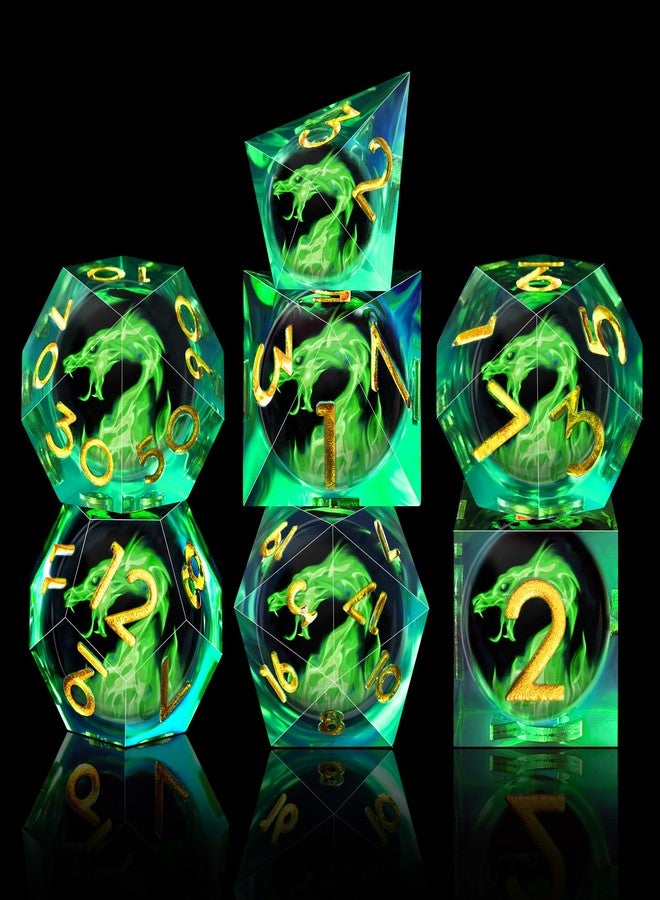 AUSTOR 7 Die DND Dice Set - 7 Pieces Green Flame Dragon Resin Dice - D20, D12, D10, D8, D6, D4 Sharp Edge Dungeons and Dragons Dice with Case - Image 5